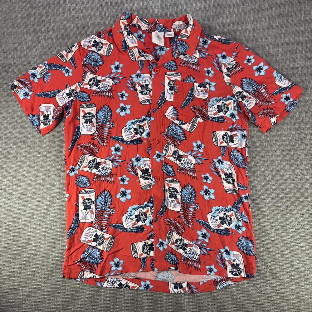 Pabst Blue Ribbon Shirt Mens Medium Red Hawaiian Beer Print Tropical Button Up